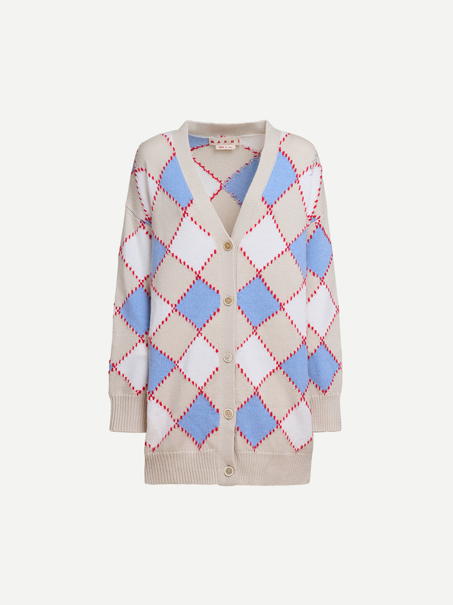 Marni Wool Argyle Cardigan in Lily White Check