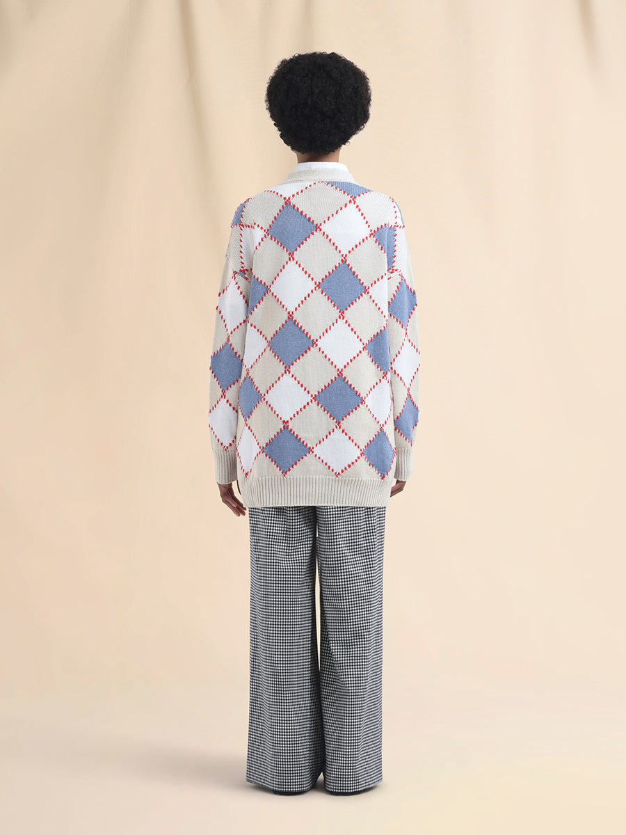 Wool Argyle Cardigan in Lily White Check