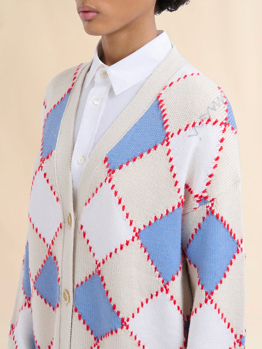 Wool Argyle Cardigan in Lily White Check