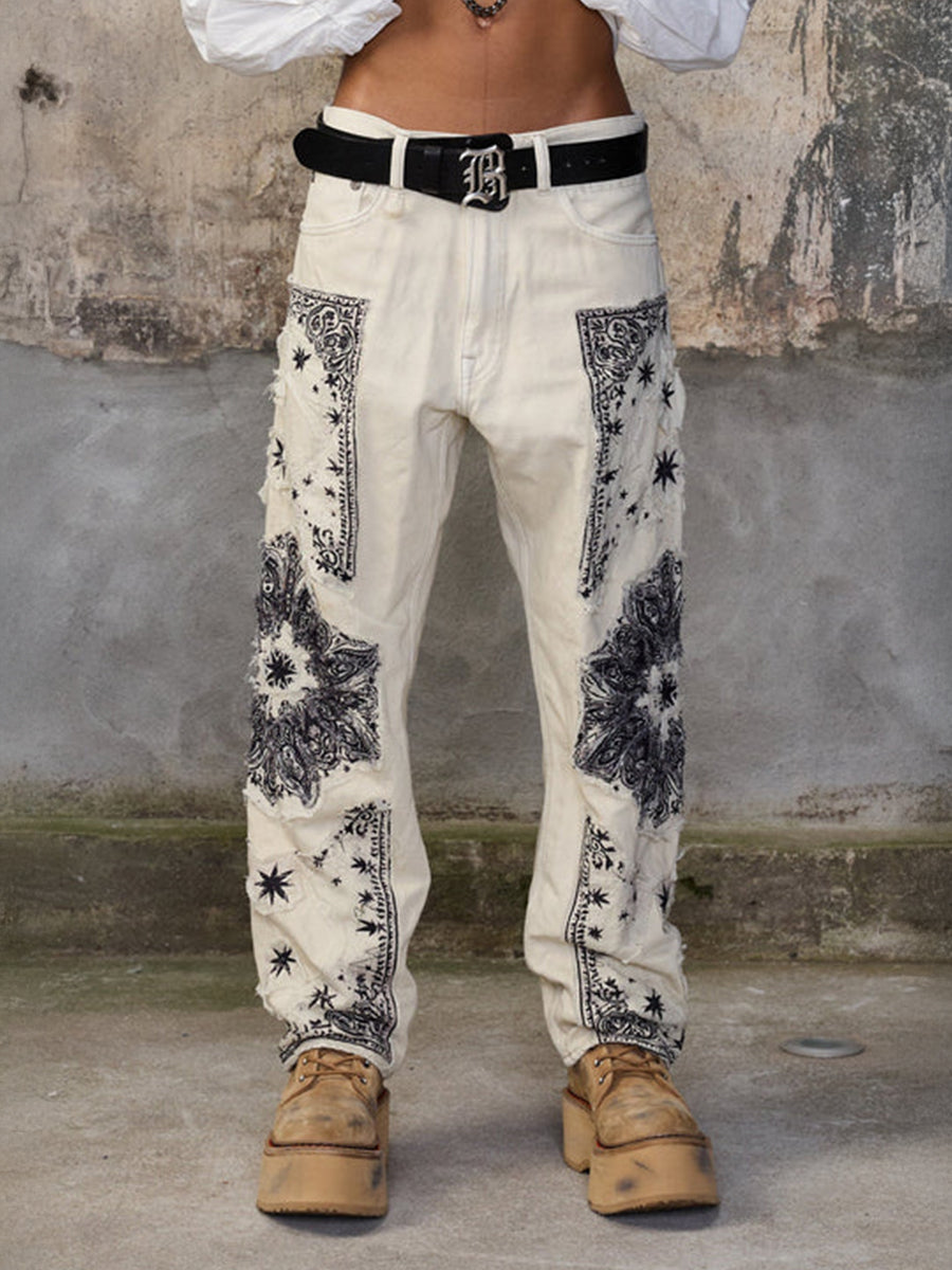 R13 X-Boyfriend Jean in White Ecru Bandana Applique