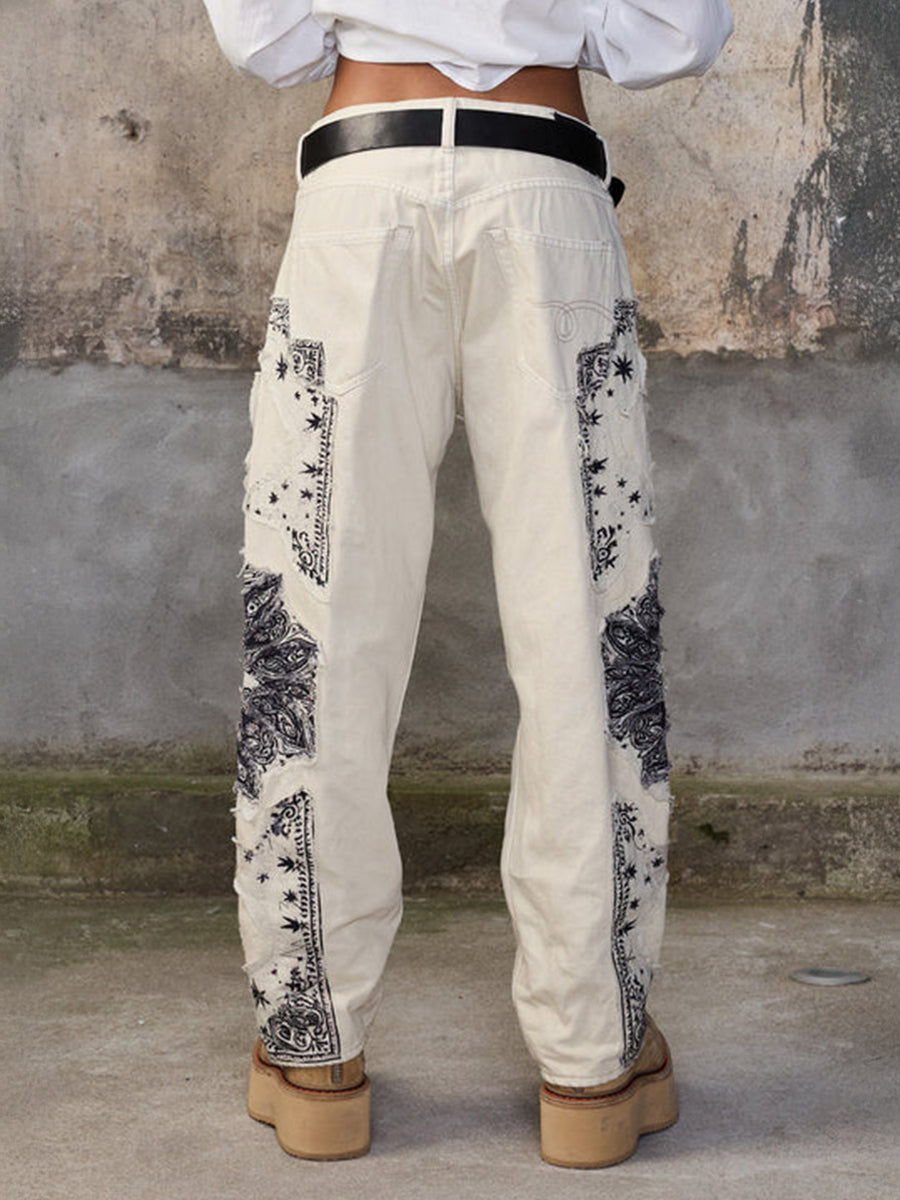 R13 X-Boyfriend Jean in White Ecru Bandana Applique