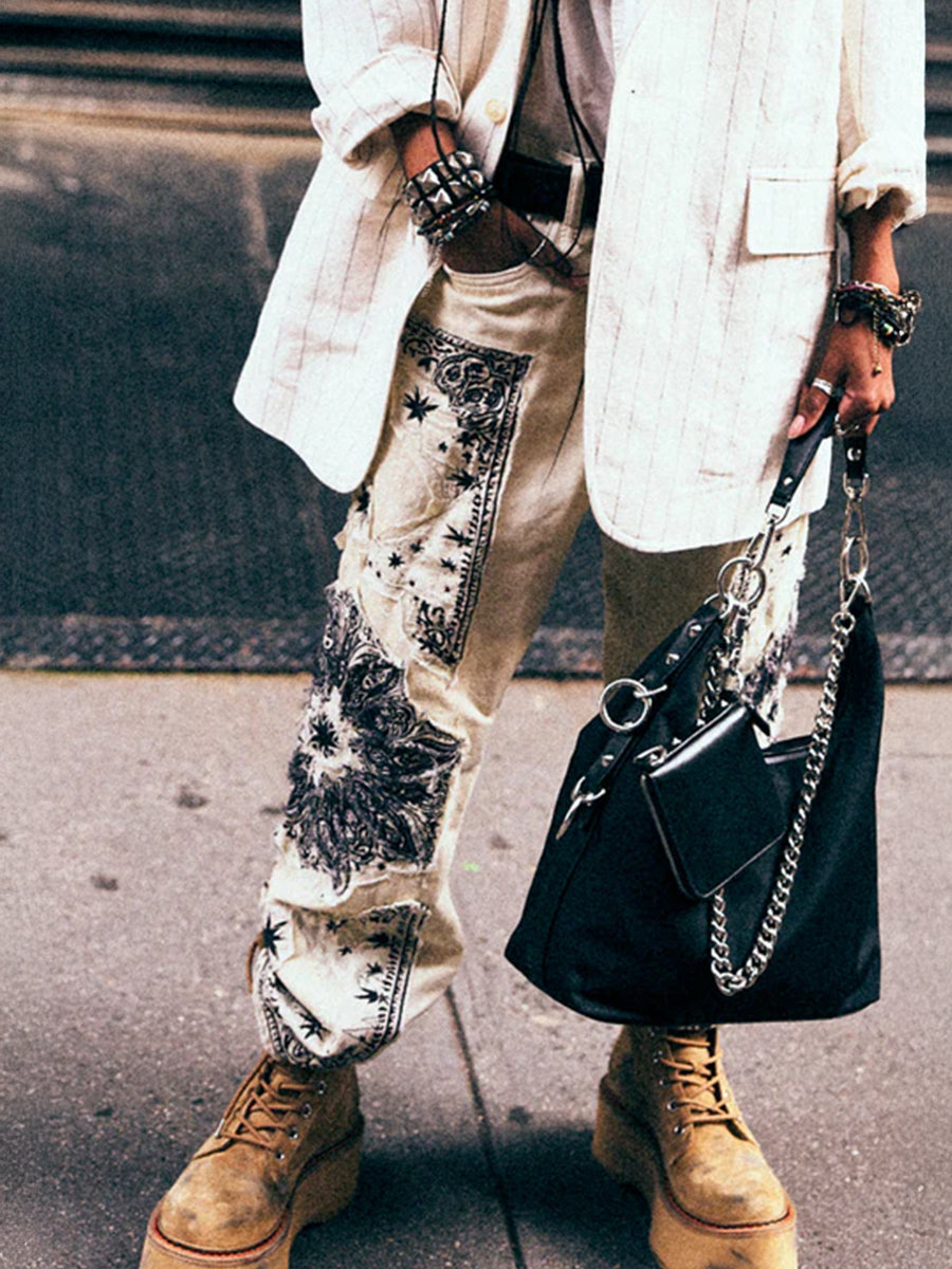 R13 X-Boyfriend Jean in White Ecru Bandana Applique