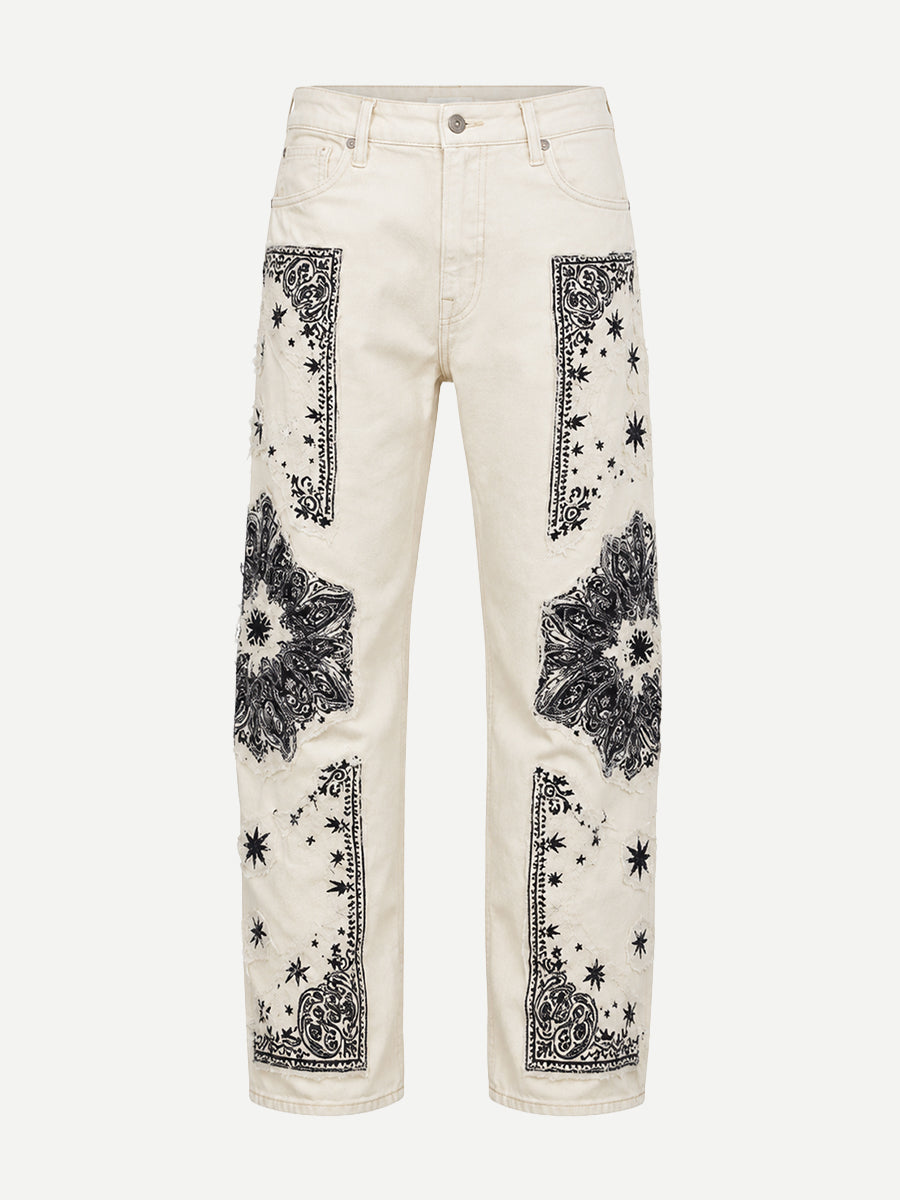 R13 X-Boyfriend Jean in White Ecru Bandana Applique
