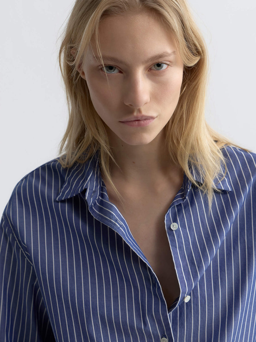 Nili Lotan Yorke Shirt in Dark Navy/White Stripe