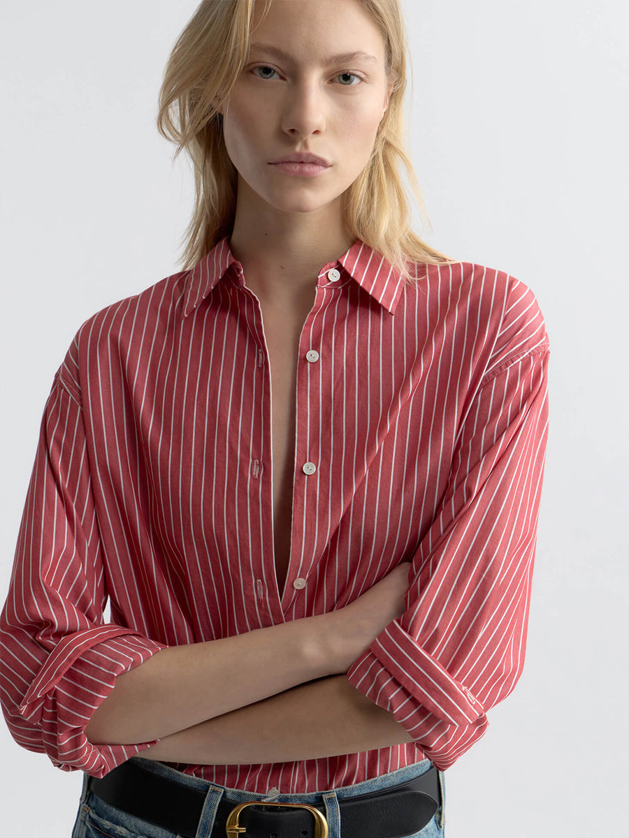 Nili Lotan Yorke Shirt in Red/White Stripe