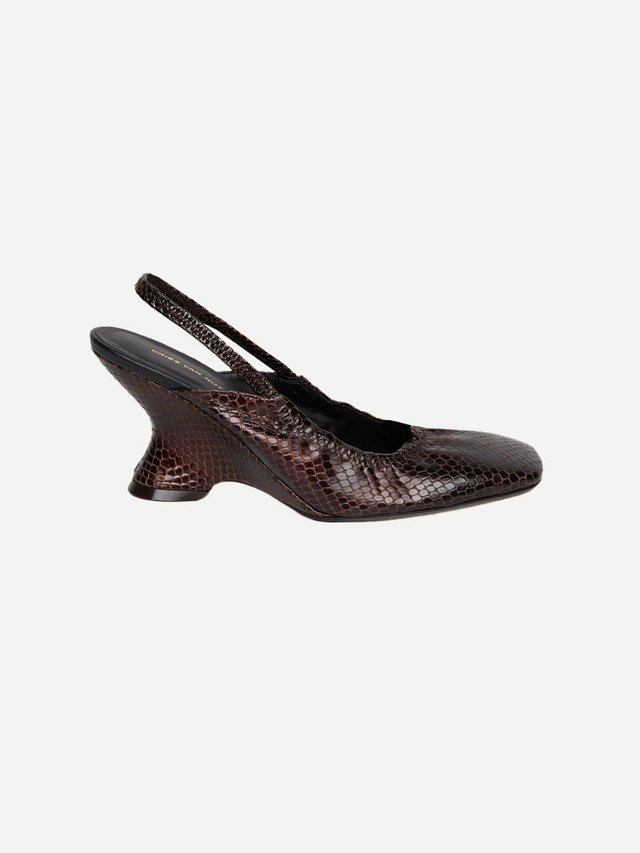 Dries Van Noten Snake-effect Leather Wedge in Dark Brown