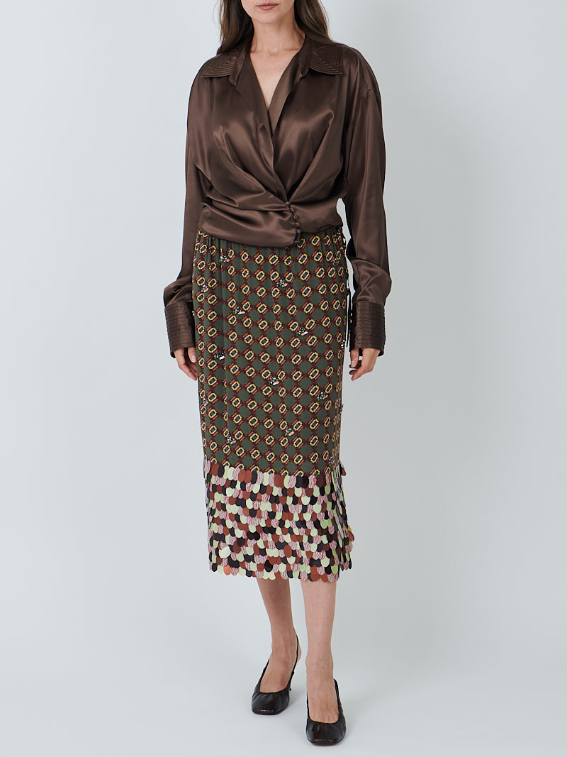 Dries Van Noten Scotta Long Embellished Skirt in Khaki