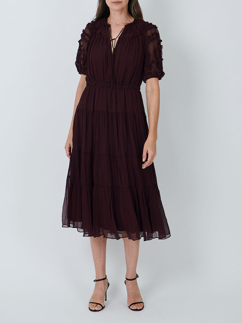 Ulla Johnson Nan Silk Short Sleeve Midi Dress in Mahogany