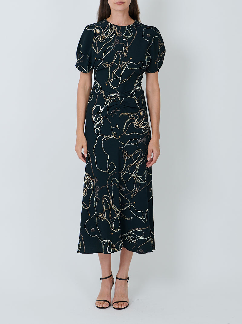 Victoria Beckham Gathered Waist Midi Dress in Dark Pine