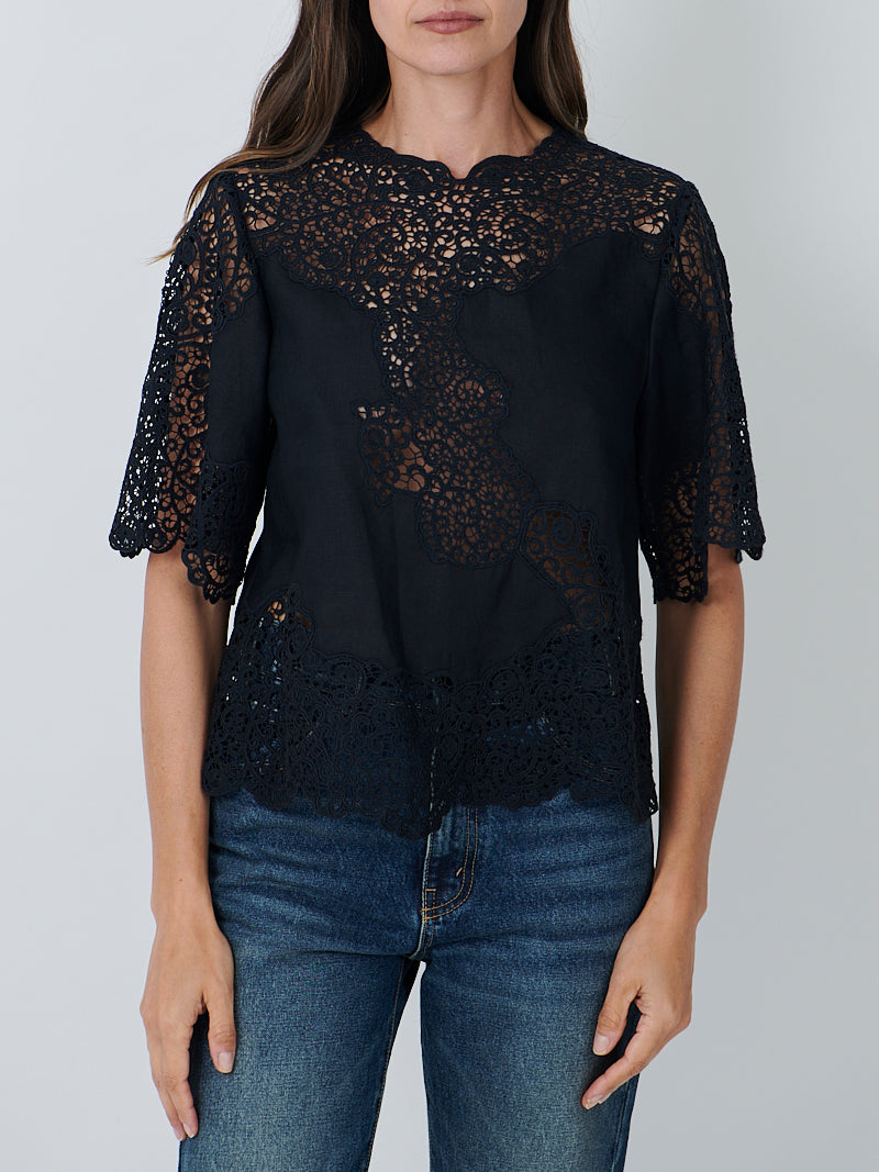 Ulla Johnson Kadene Short Sleeve Blouse in Noir