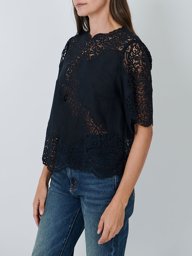 Ulla Johnson Kadene Short Sleeve Blouse in Noir