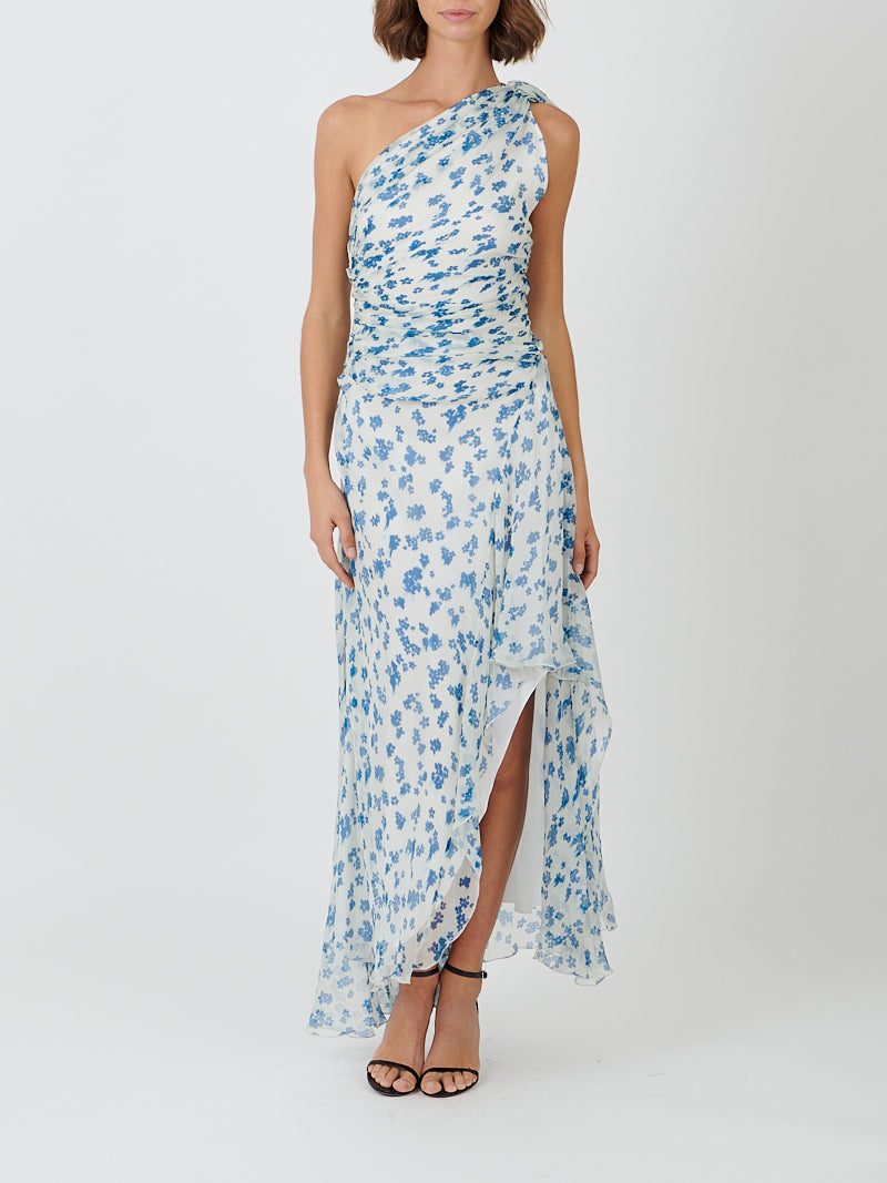 Victoria Beckham One Shoulder Draped Midi Dress in Cloud/Blue