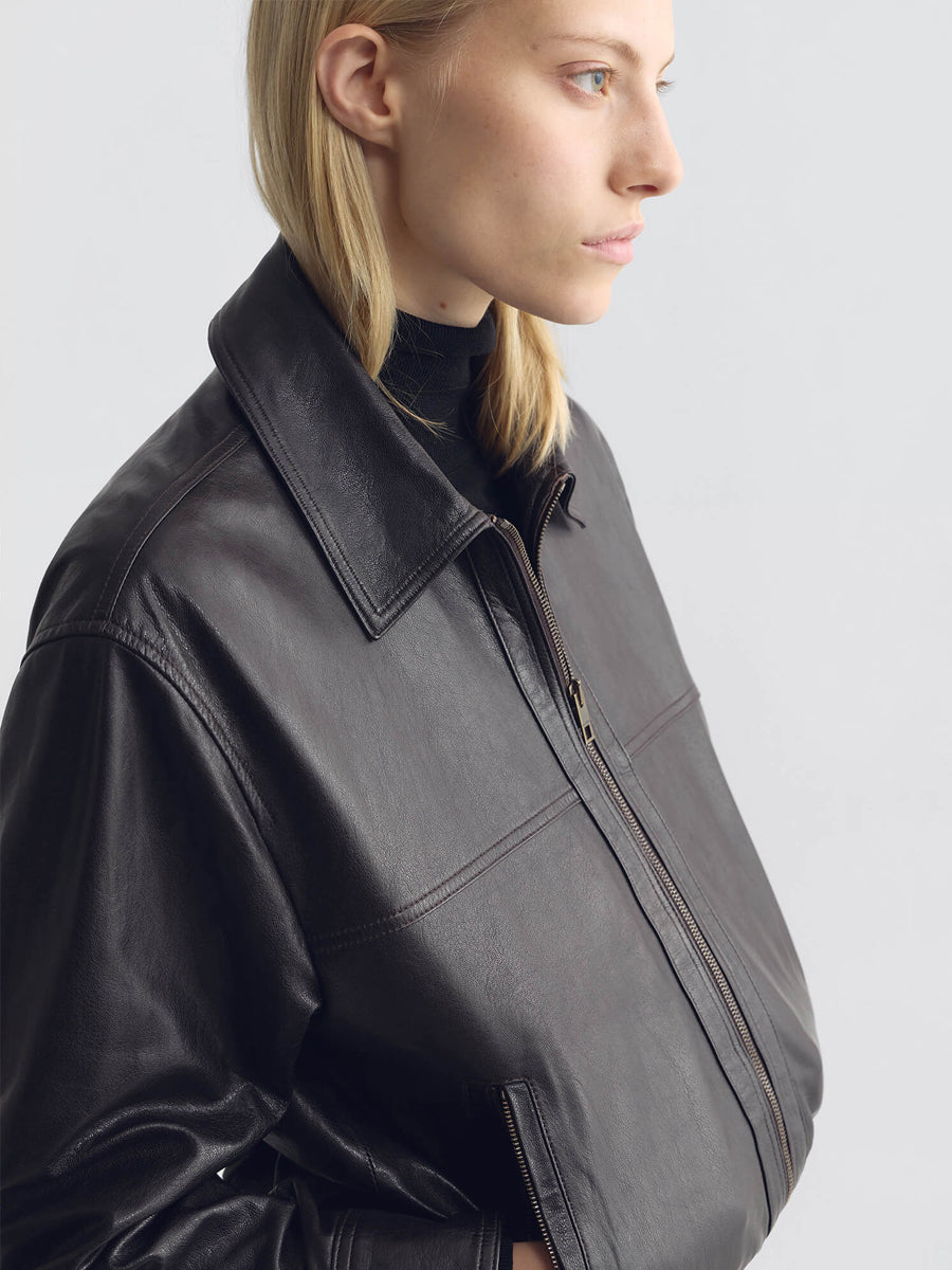 Aime Leather Bomber Jacket in Brown