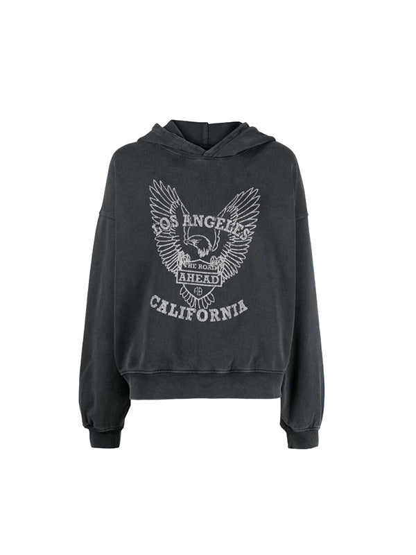 Anine Bing Alex Hoodie White Eagle in Washed Black