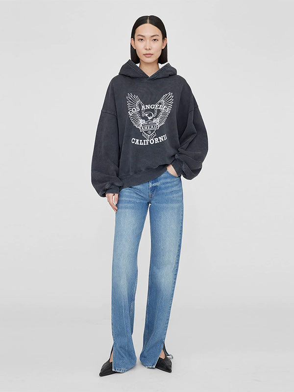 Anine Bing Alex Hoodie White Eagle in Washed Black