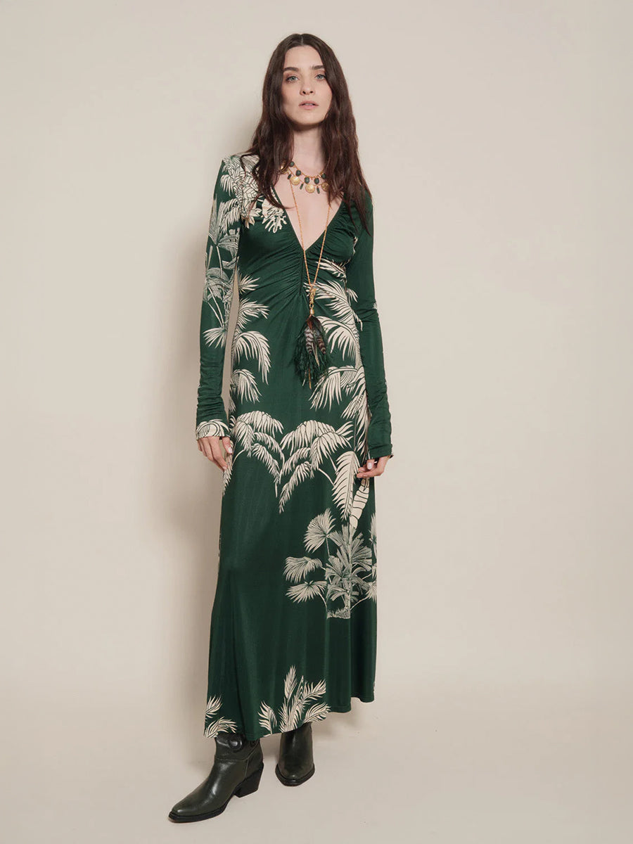 Johanna Ortiz Green Alma Bordada Dress in Emerald Green