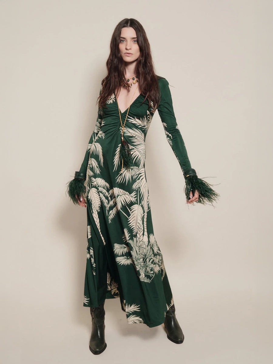 Johanna Ortiz Green Alma Bordada Dress in Emerald Green
