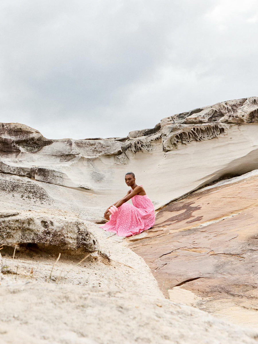 Ammon Dress in Pink/Red Eyelet