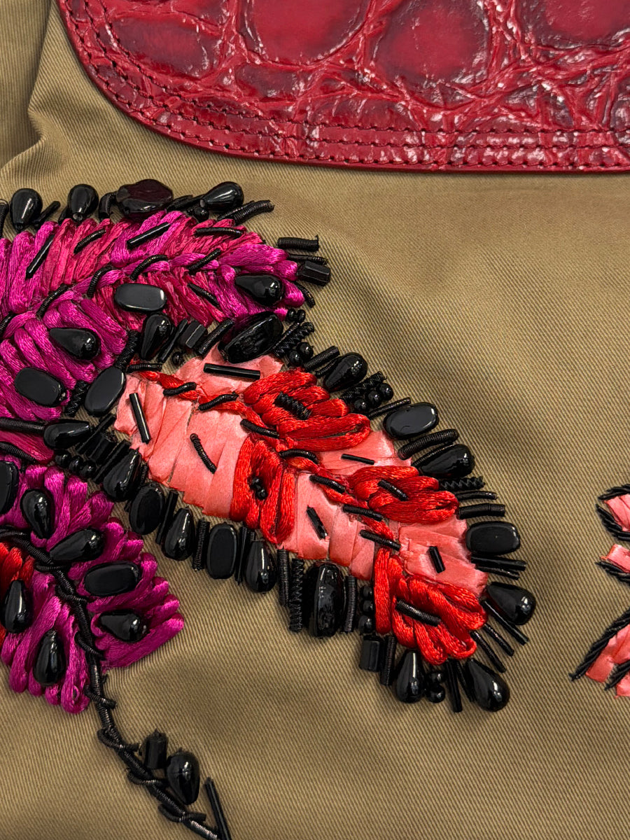 Dries Van Noten Blossom Embellished Canvas Bag in Camel