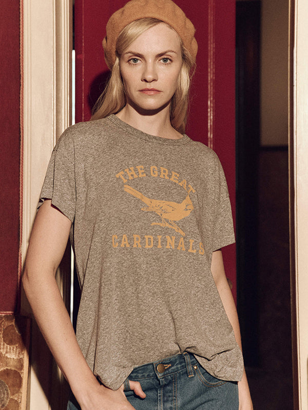 The Great | Boxy Crew in Heather Grey with Perched Cardinal Graphic