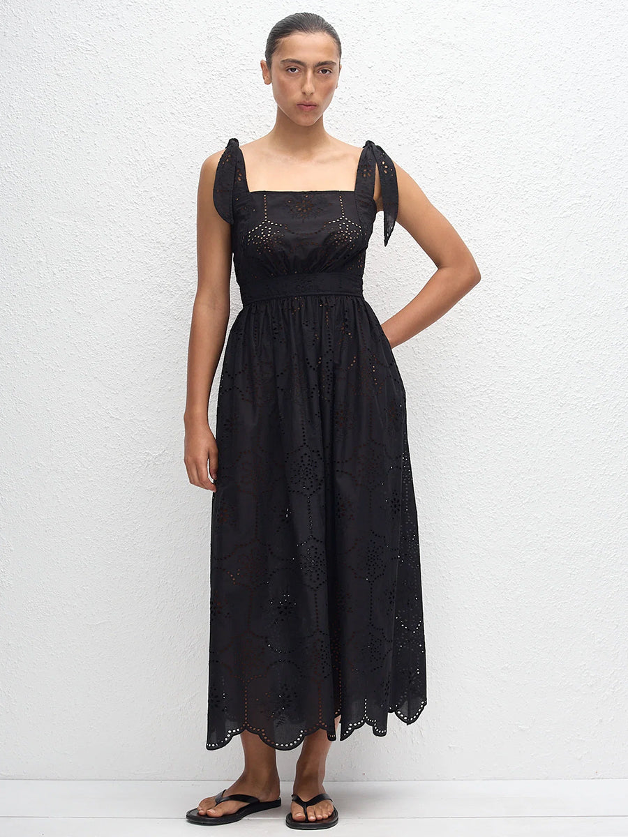 Broderie Apron Midi Dress in Black