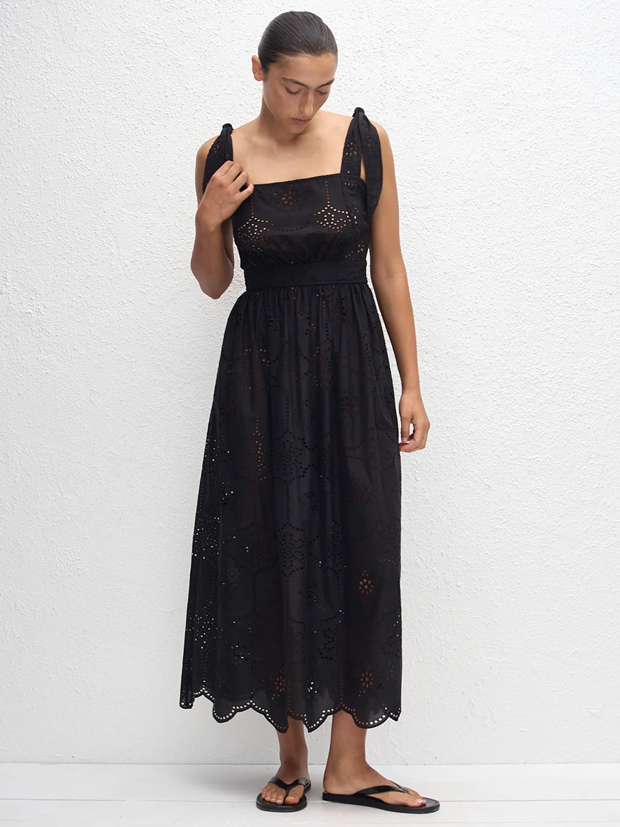 Broderie Apron Midi Dress in Black