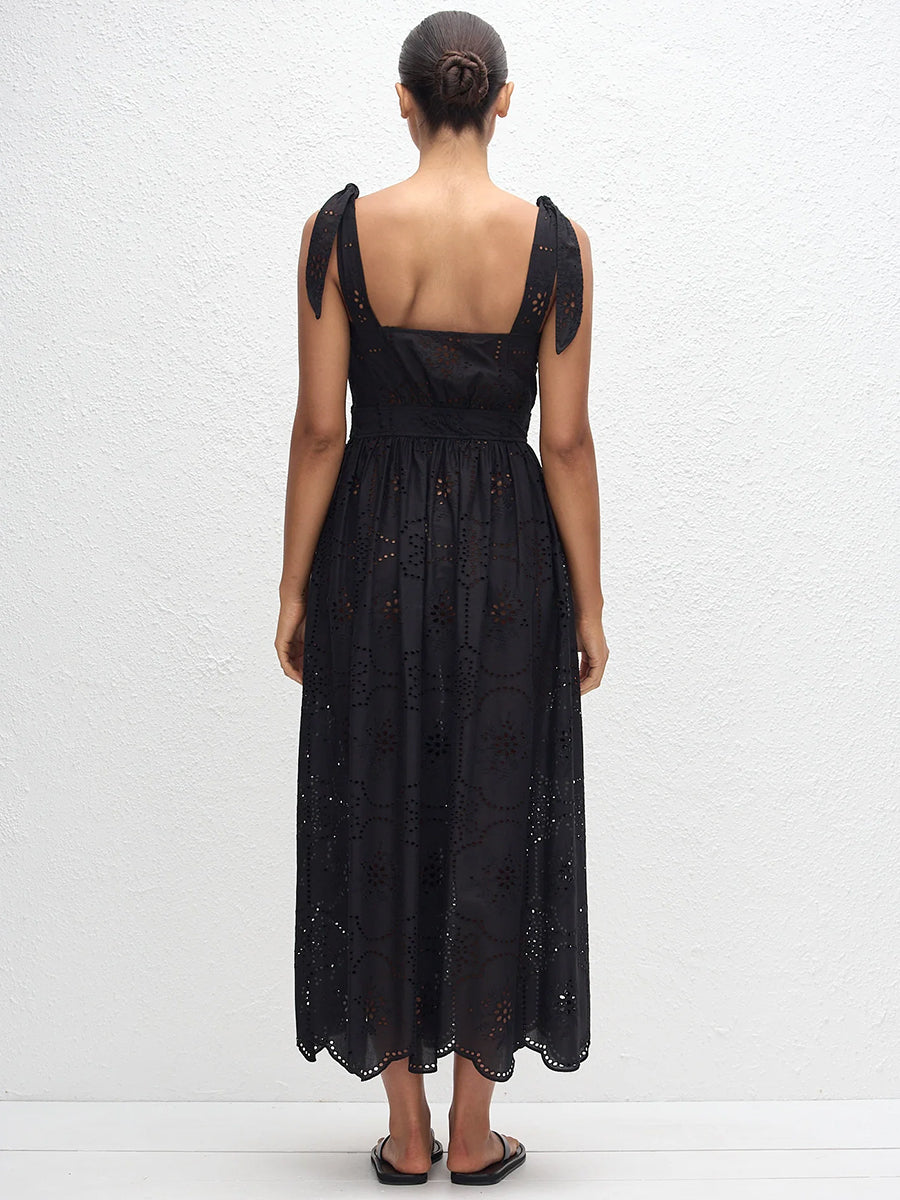 Broderie Apron Midi Dress in Black