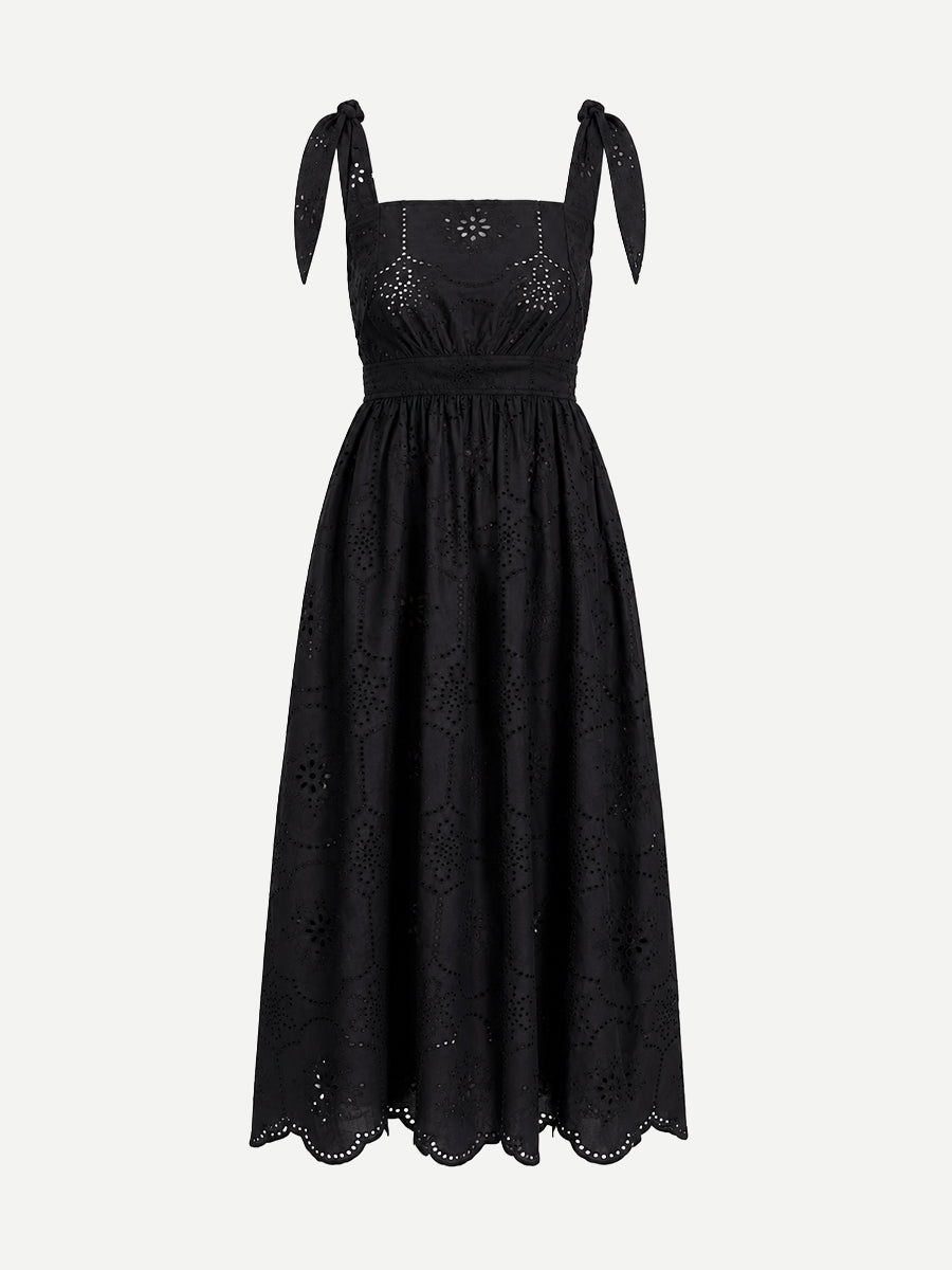 Broderie Apron Midi Dress in Black