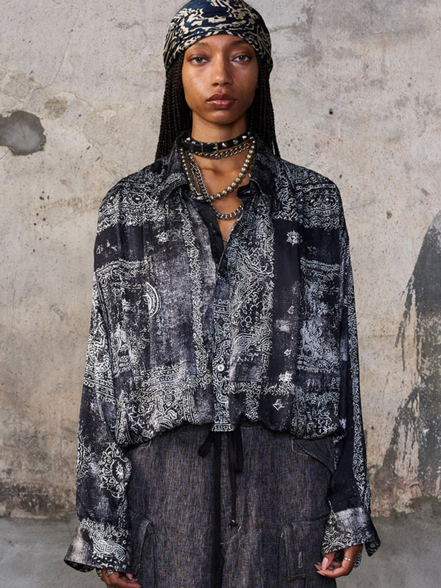 R13 Bubble Yoke Shirt in Black Multi Medallion