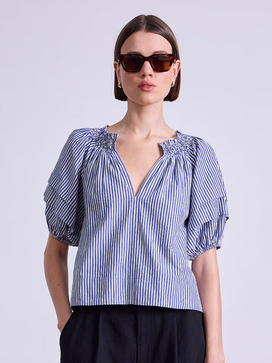 Apiece Apart Caminitas Puff Sleeve Top in Skinny Stripes Indigo Cream