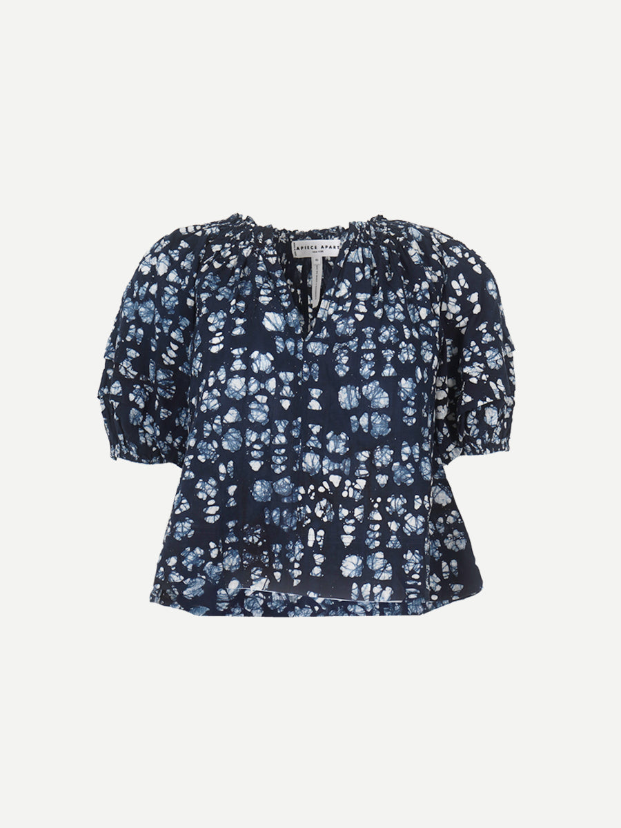 Apiece Apart Caminitas Puff Sleeve Top in Batik Geo Indigo