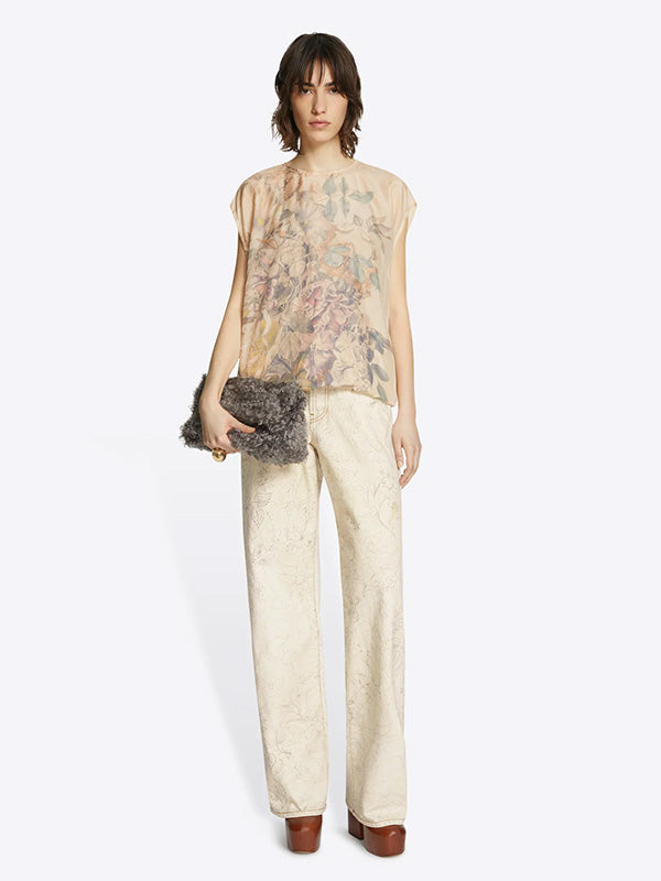 Dries Van Noten Capo Printed Silk Top in Ecru
