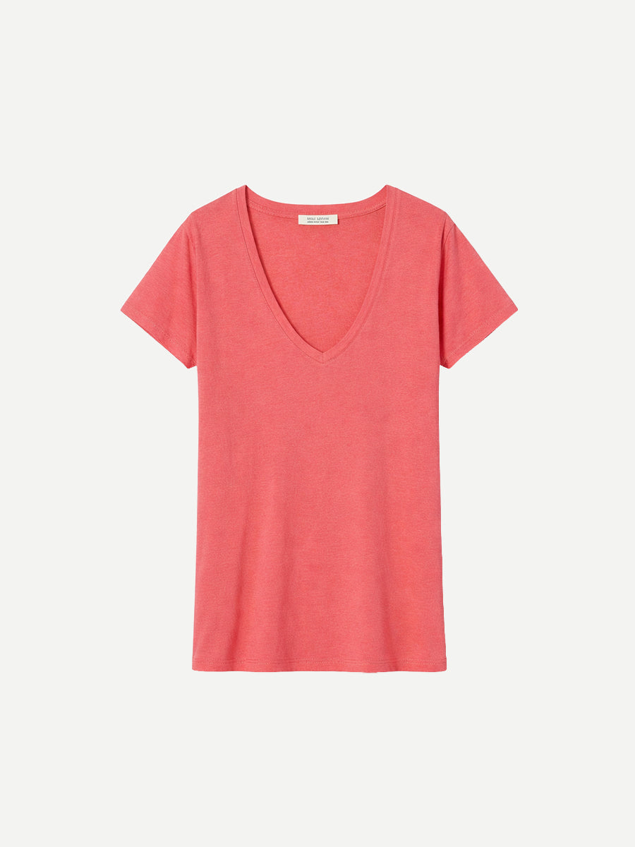 Nili Lotan Carol V-Neck Tee Shirt in Washed Red