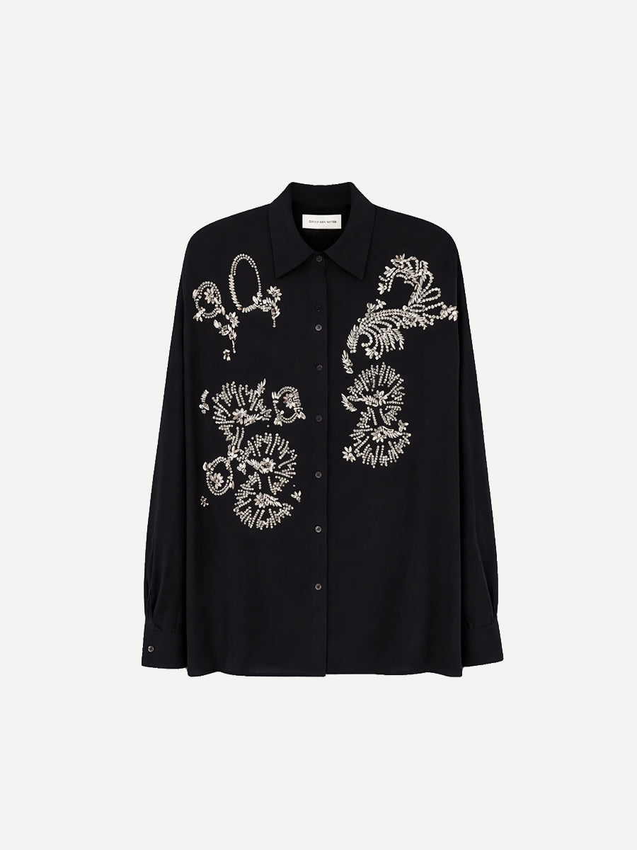 Dries Van Noten Casia black oversized shirt with rhinestone embellishment and button front