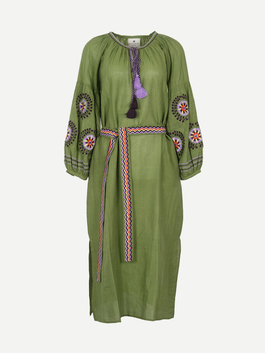 Benaras by Citrus Cotton/Linen Kaftan in Olive Green