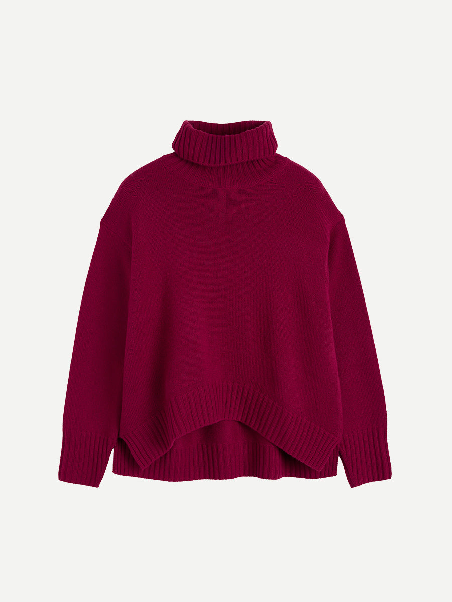 Curved Hem Roll Neck Sweater in Cherry