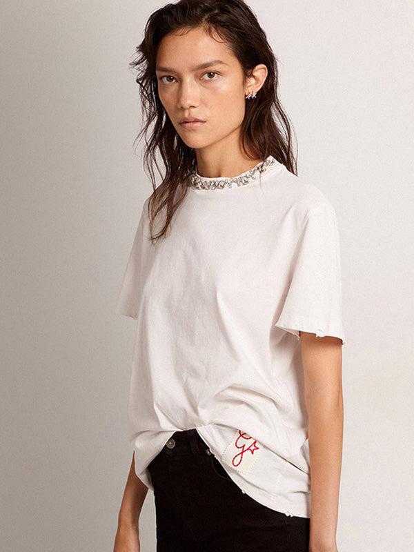 Golden Goose Distressed T-Shirt with Crystals