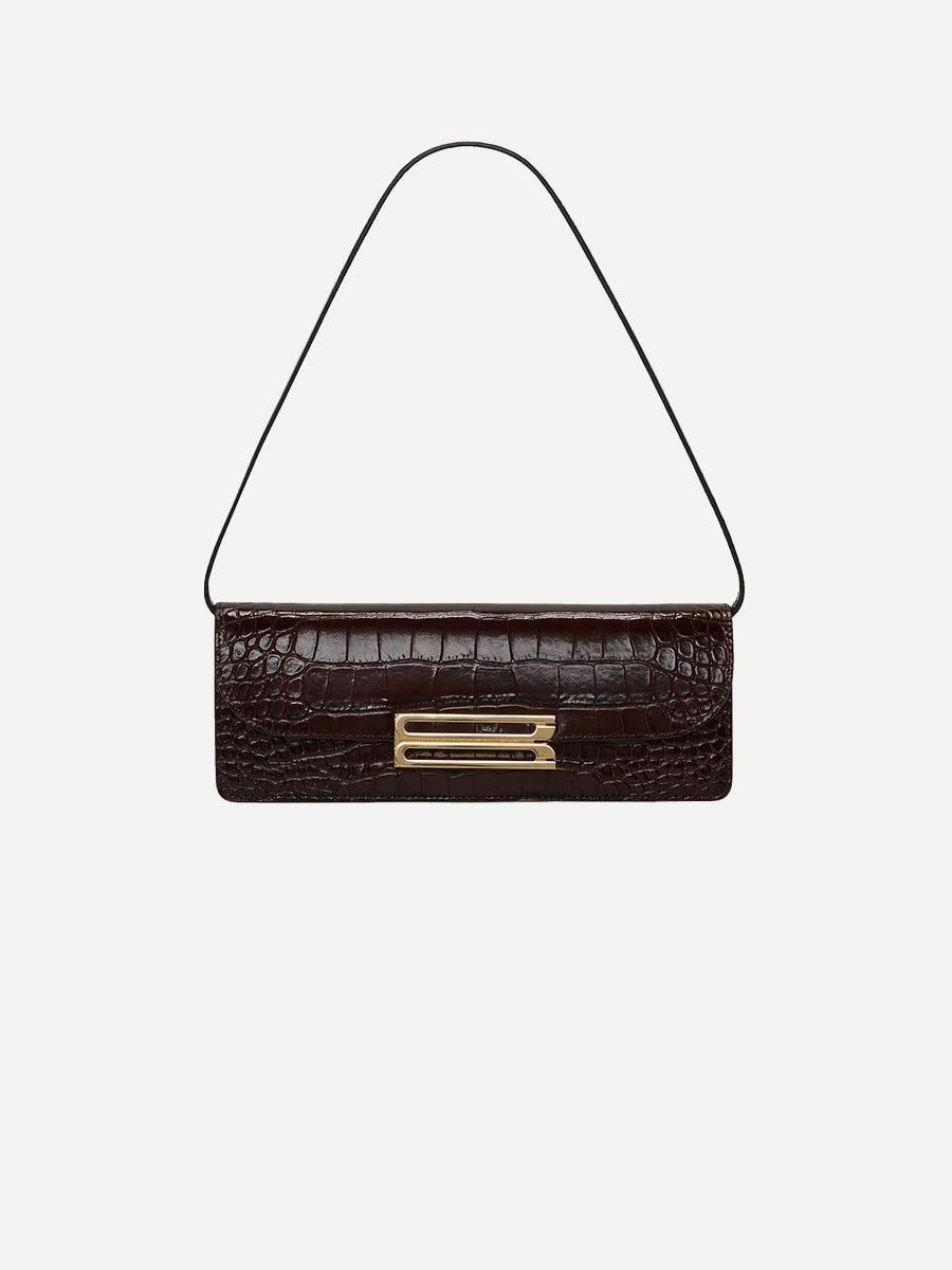 Dorian East West Clutch in Dark Brown Croc Embossed