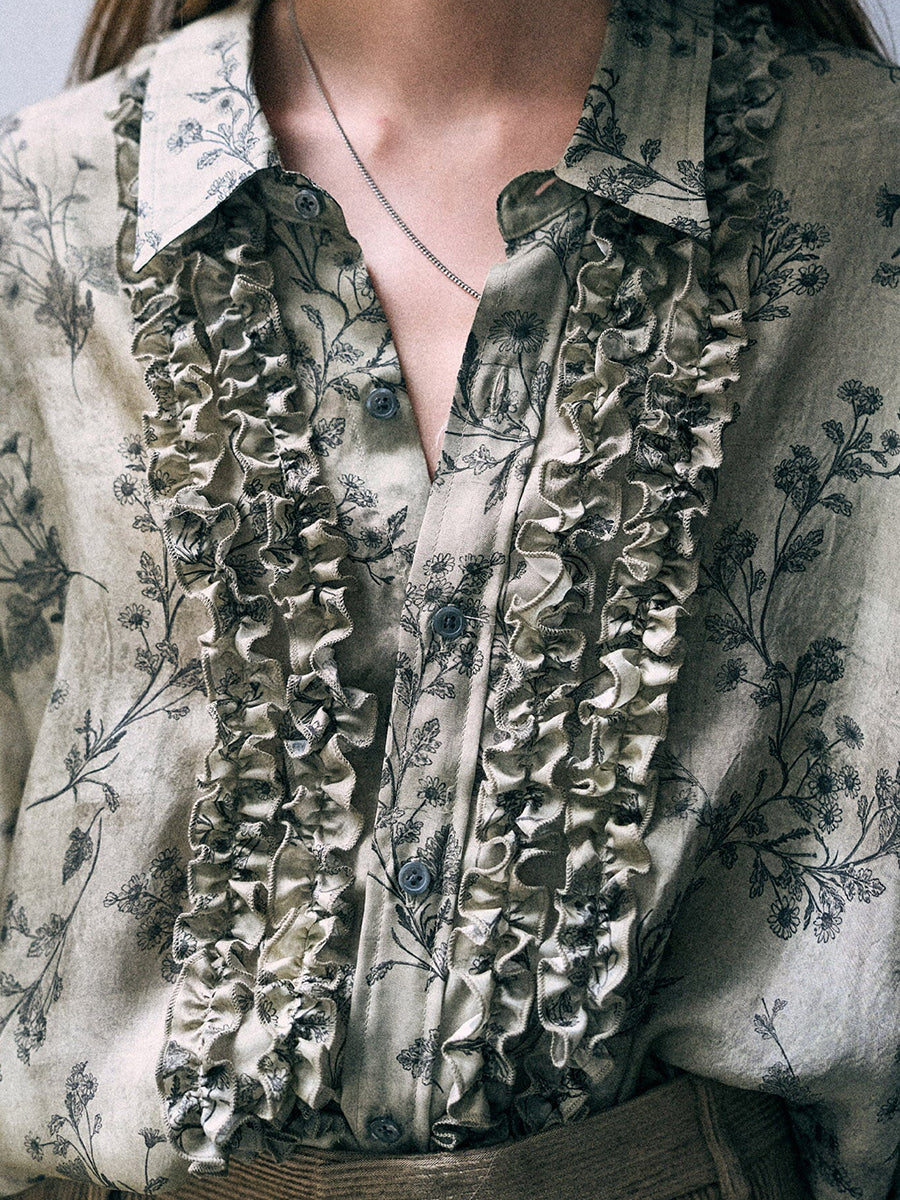 Drop Neck Ruffle Shirt in Green Floral