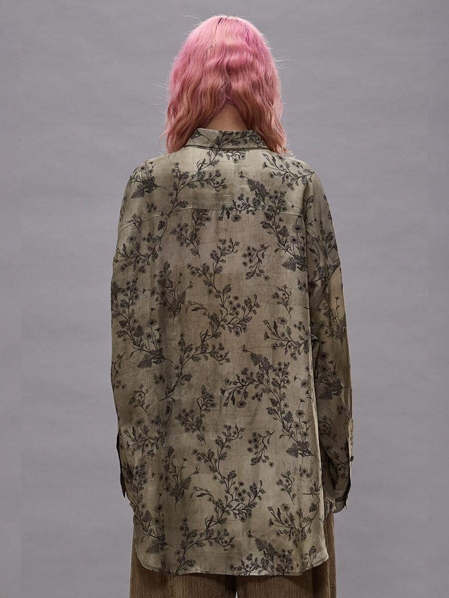 Drop Neck Ruffle Shirt in Green Floral