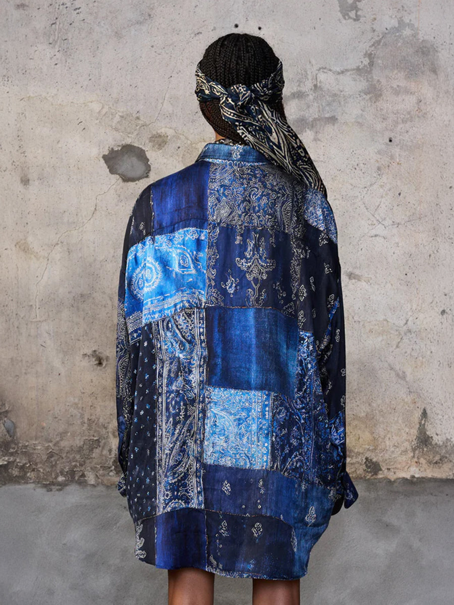 R13 Drop Neck Shirt in Blue Multi Bandana Print