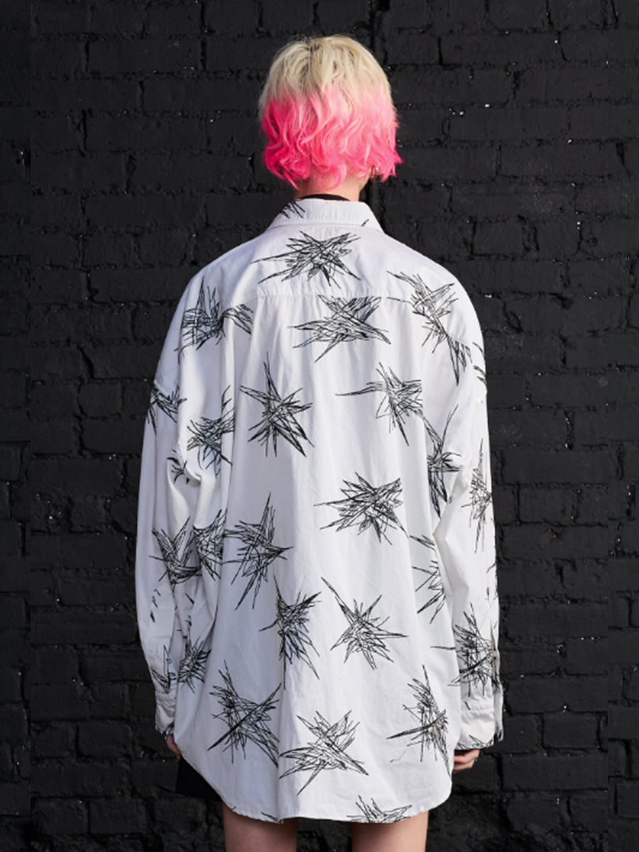 R13 Drop Neck Shirt in White with Black Embroidery