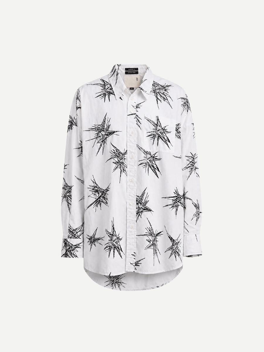 R13 Drop Neck Shirt in White with Black Embroidery