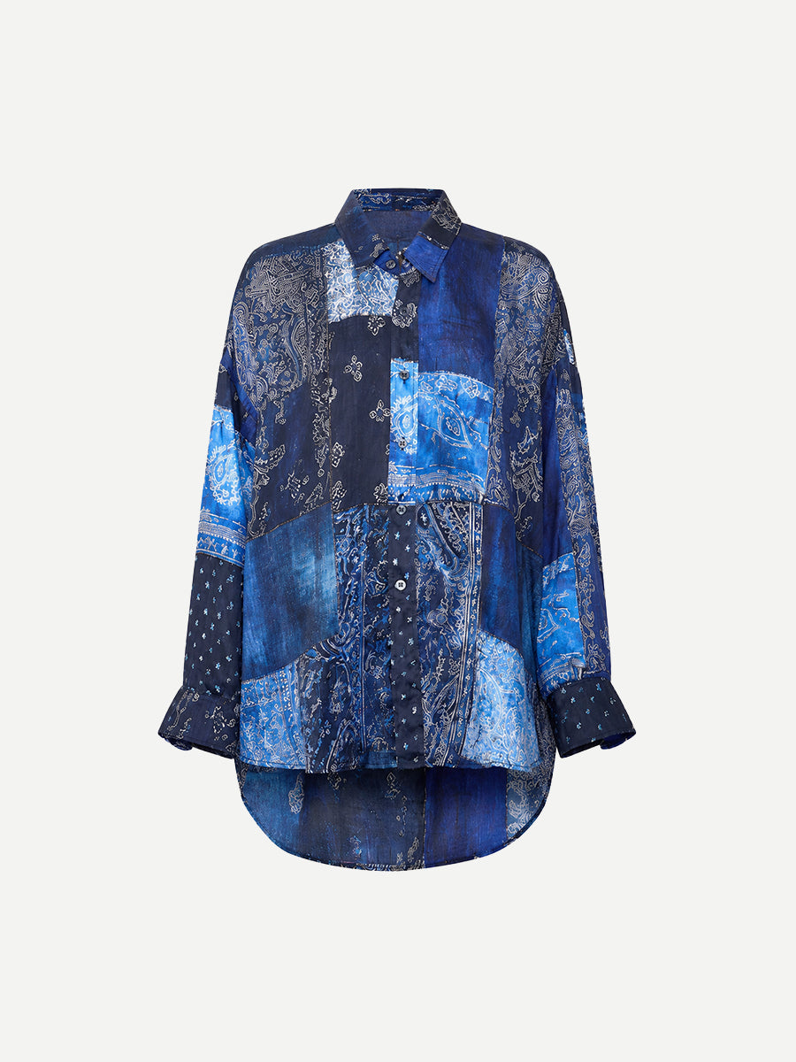 R13 Drop Neck Shirt in Blue Multi Bandana Print