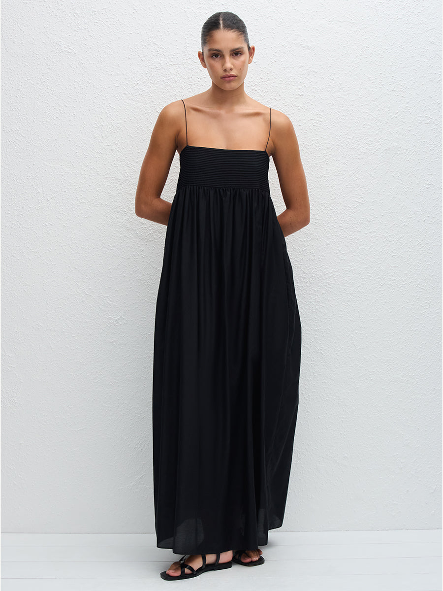 Matteau Empire Pintuck Bodice Dress in Black