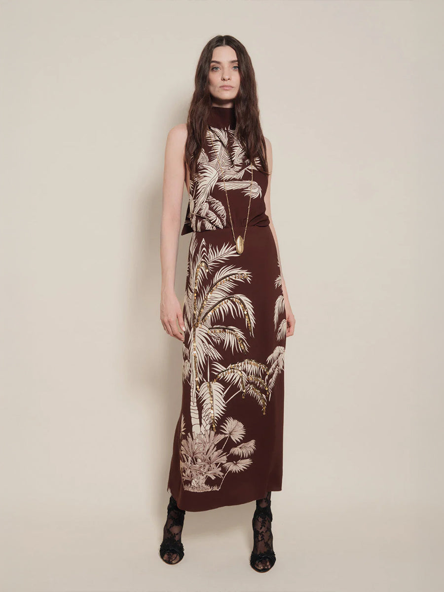 Johanna Ortiz Encanto Invernal Midi Dress in Chocolate