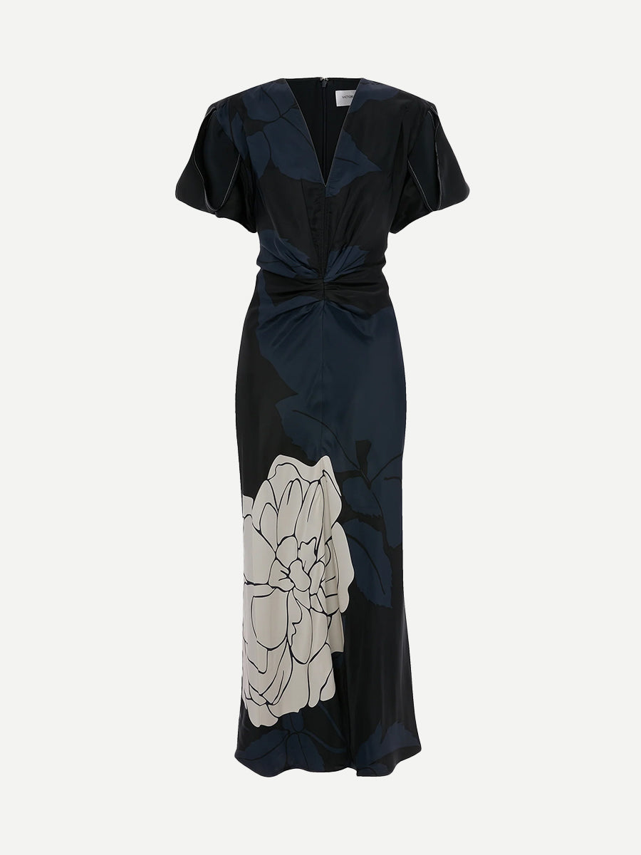 Victoria Beckham Eve Midi Dress In Dark Navy Floral Print