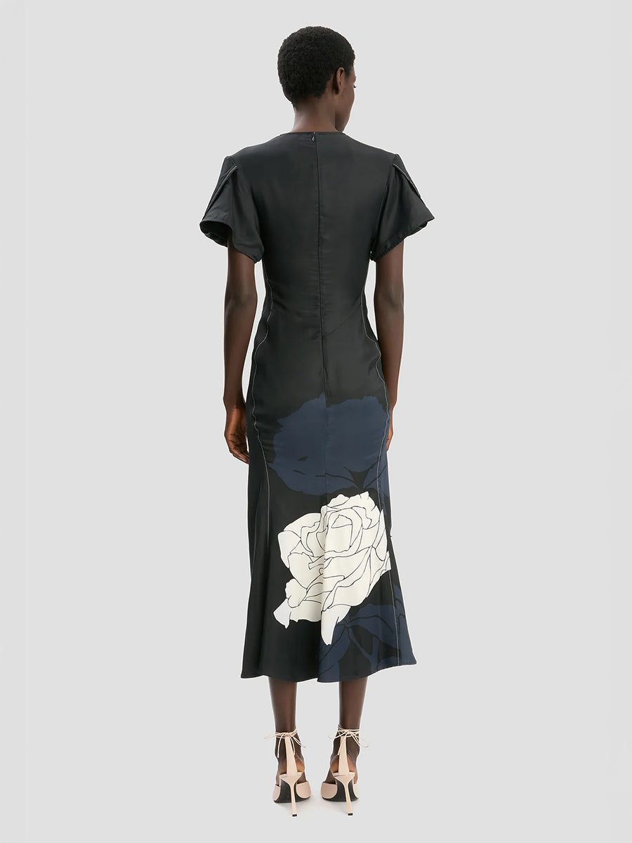 Victoria Beckham Eve Midi Dress In Dark Navy Floral Print