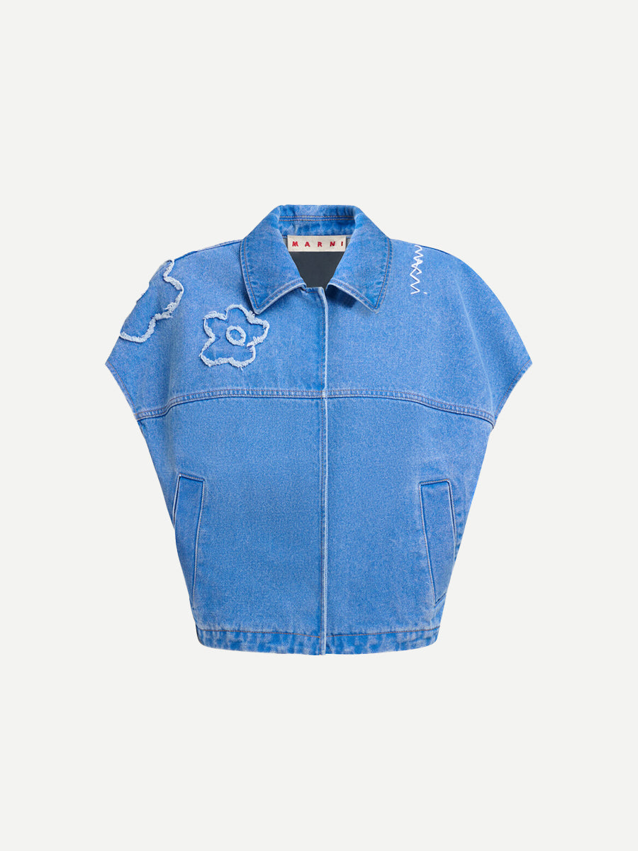 Marni Flower Patch Denim Vest in Light Cobalt Blue