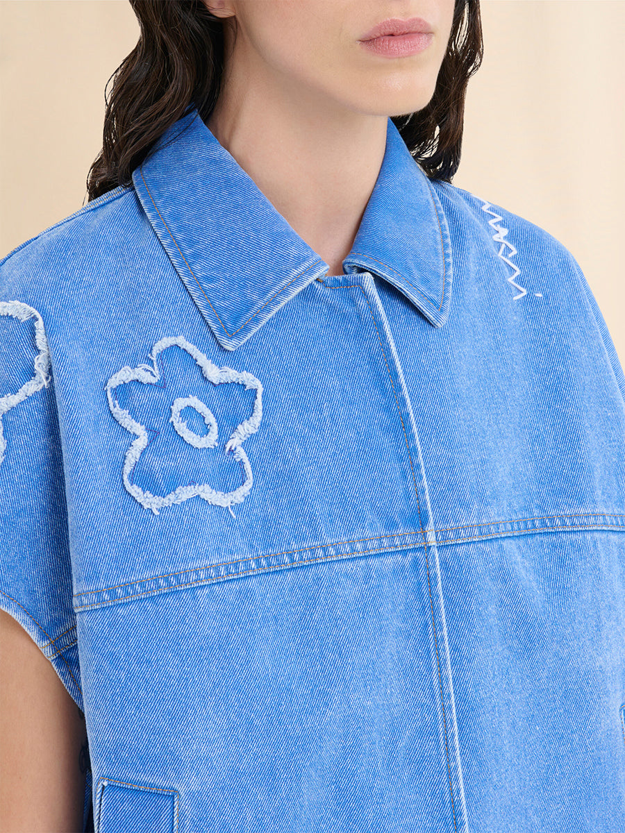 Marni Flower Patch Denim Vest in Light Cobalt Blue
